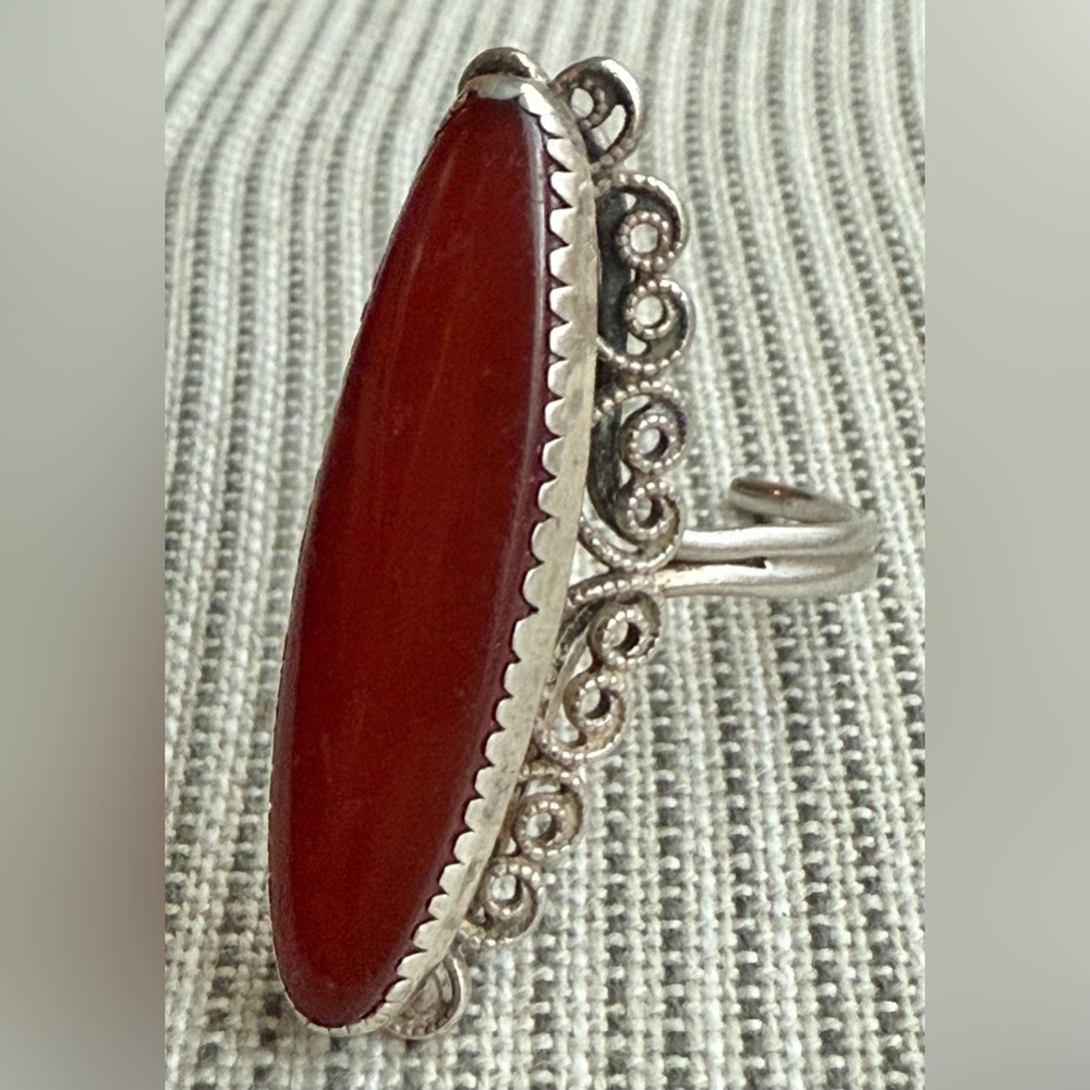 Beau Sterling Silver Red Stone Filigree Adjustable Vintage Ring